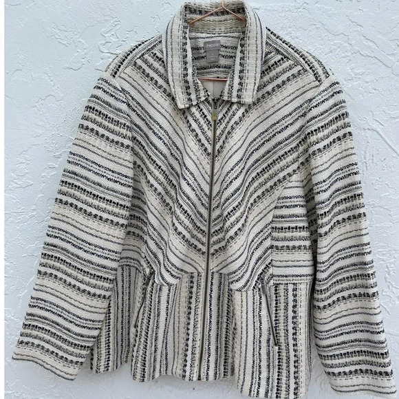 Chicos Womens Full Zip Long Sleeve Tweed Blazer Coat White Sz 4 - Picture 1 of 12